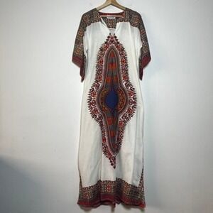 Radlee Vintage Dashiki Caftan 100% Cotton V-Neck Boho Maxi Dress 70s size large